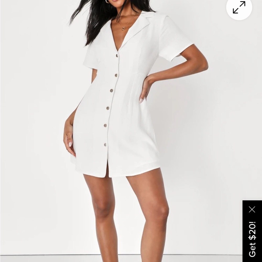 Lulus-Central Park Sweetie White Linen Collared Button-Up Mini Dress-L